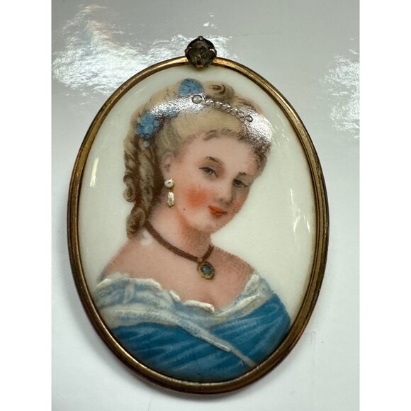 Antique Limoges France Hand-Painted Porcelain Brooch/Pendant Gold-Tone Frame - Picture 1 of 4